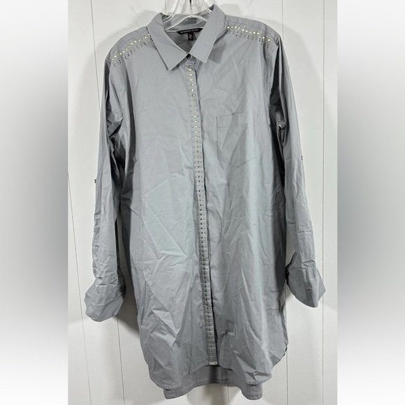 Victoria Secret Gray Shift Button Front Embellished Dress Size 14 Roll Tab - Picture 8 of 10